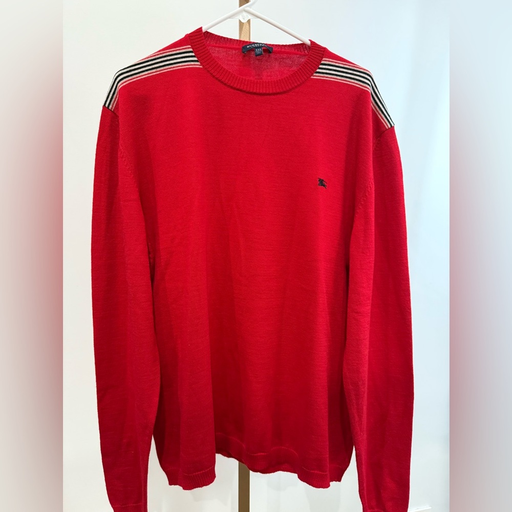 Burberry Red Crewneck Sweater with Striped Shoulders